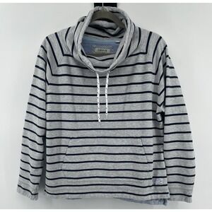 Orvis Women's Sunday Striped Cowl Neck Med Sweatshirt Grey Navy Kangaroo Pocket